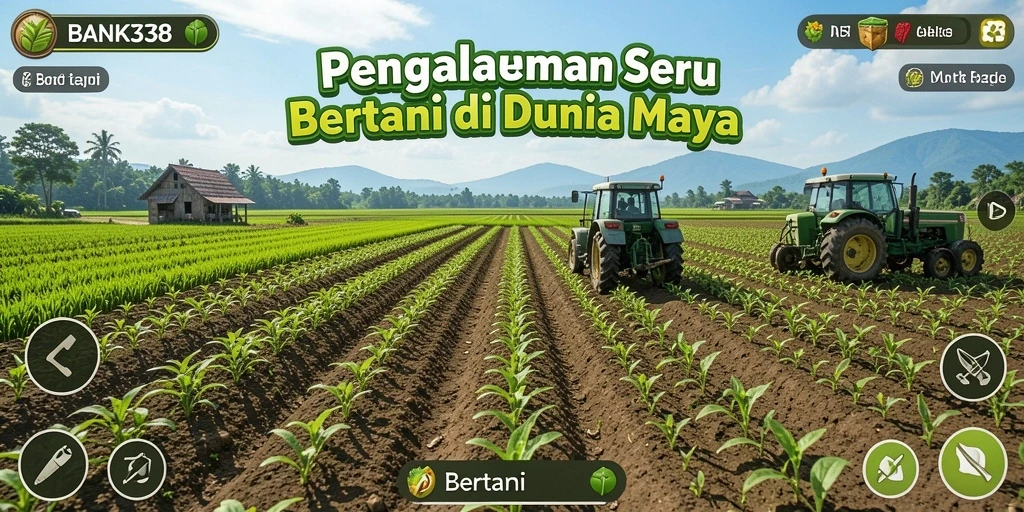 Screenshot utama BANK338 menampilkan ladang yang subur dan alat pertanian.