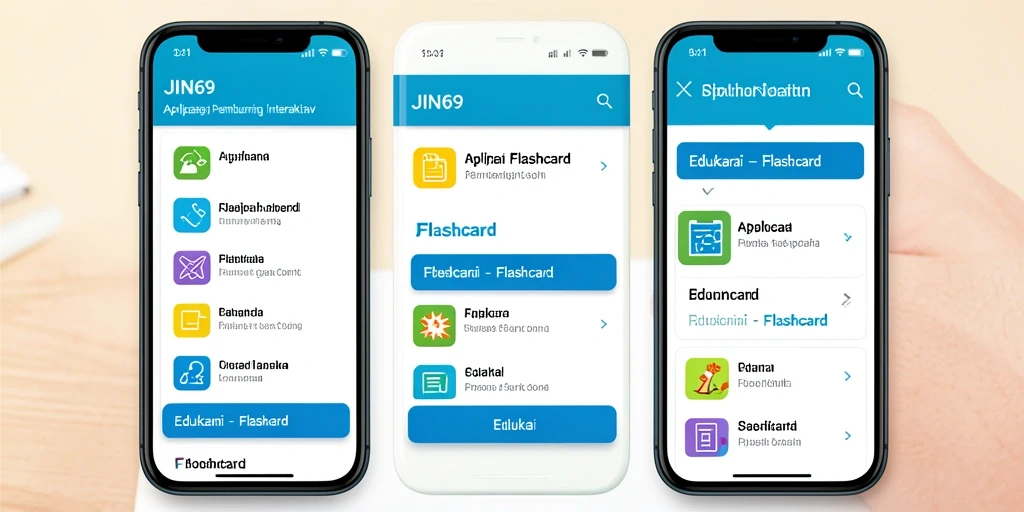 Antarmuka aplikasi JIN69 yang modern dan interaktif untuk pembelajaran Flashcard.